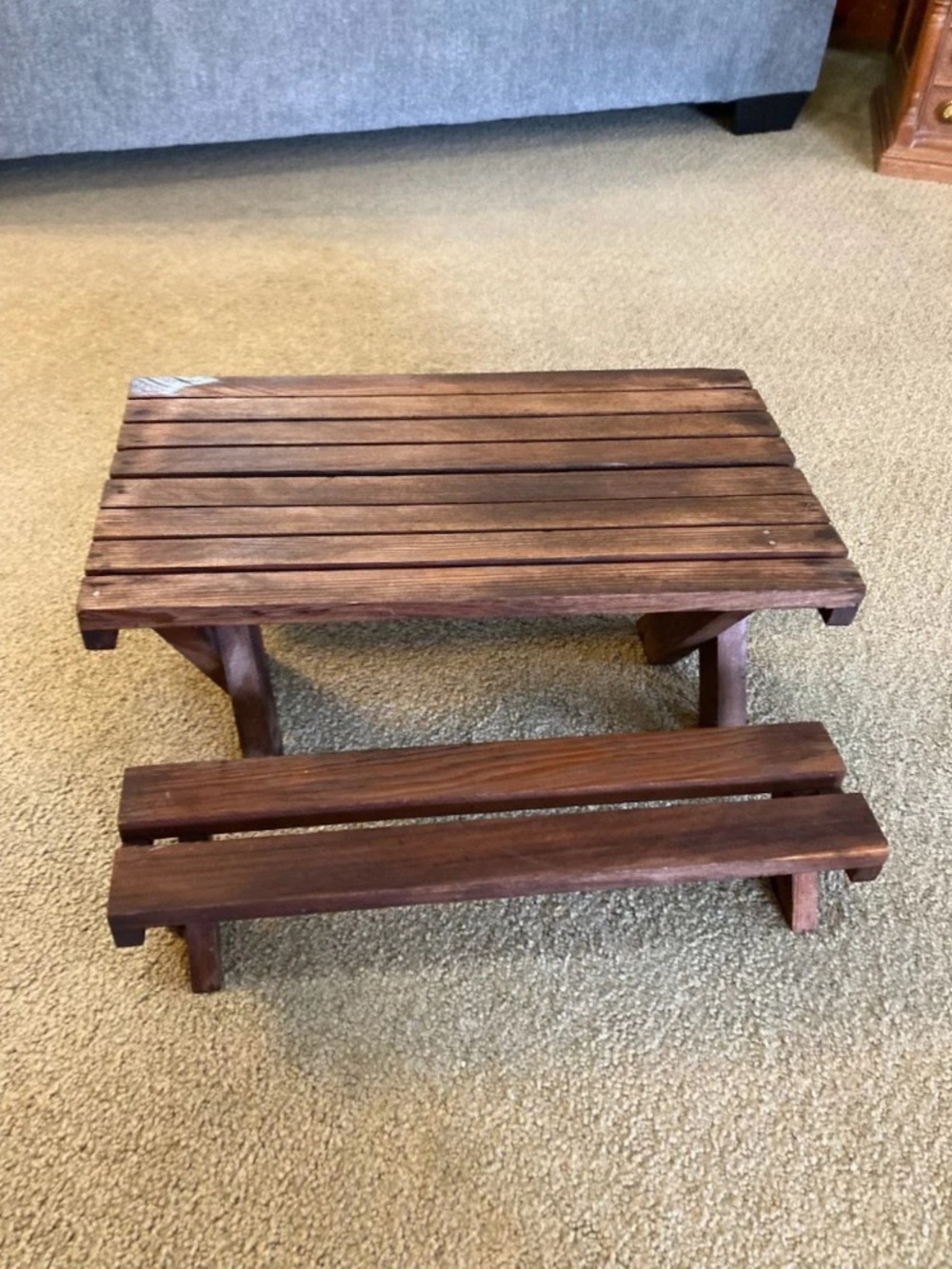 Handmade 18 inch american girl doll brown wooden picnic table with two benches